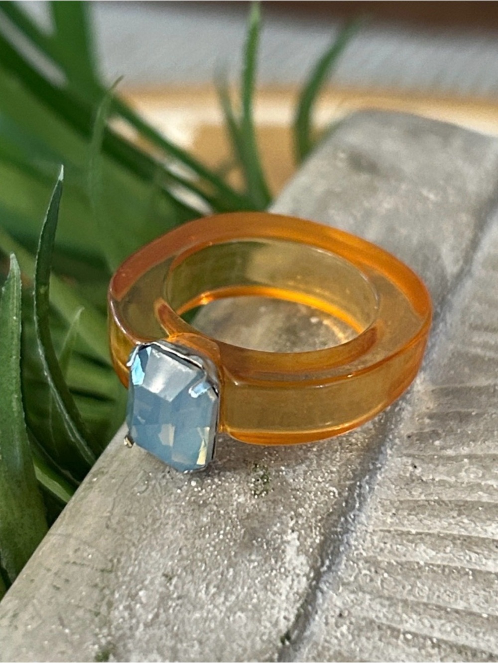 Orange acrylic Ring with Light Blue Faceted stone NEW chunky statement ring